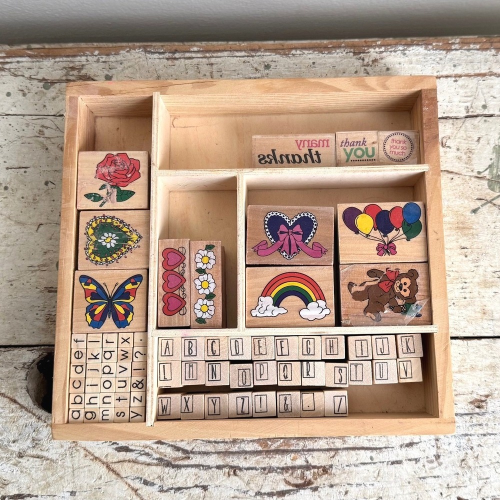 Melissa & Doug Wooden Rubber Stamp Set Alphabet Rainbow Butterfly Hearts